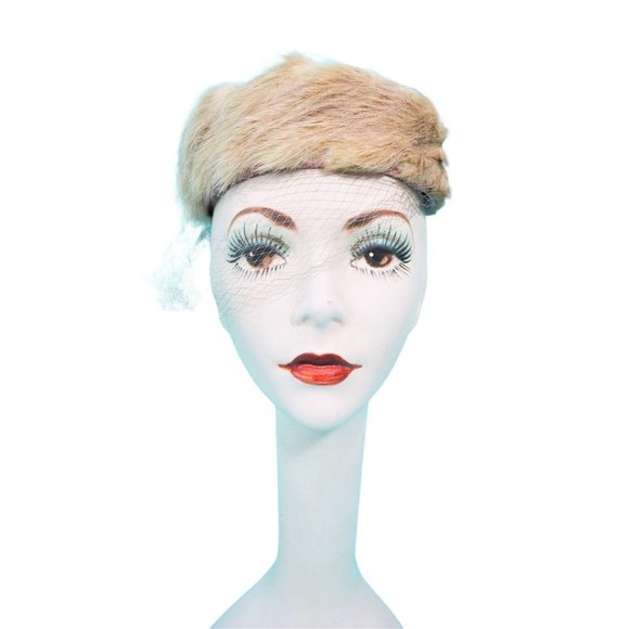 Vintage 1950s Pillbox Hat Lady Bess Fur Mauve Tan Netted Round Hat - Picture 3 of 10